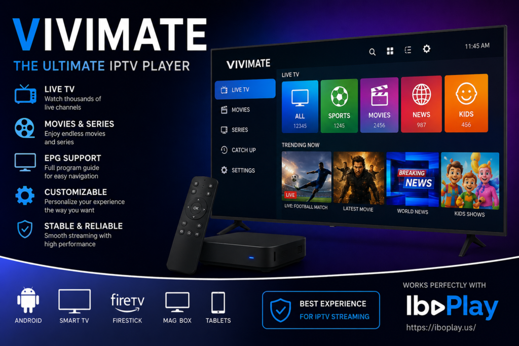 Modern promotional banner for Vivimate IPTV player displayed on a large smart TV with a sleek dark-blue neon interface showing live TV, movies, sports, news, and kids categories. The image includes Android, Firestick, Smart TV, MAG Box, and tablet compatibility icons alongside IPTV streaming features such as EPG support, customization, and stable performance, with IboPlay branding and website link at the bottom.