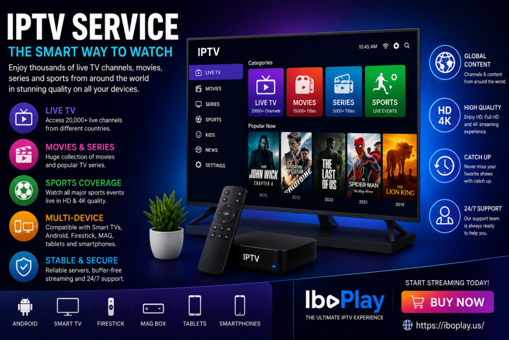 Colorful IPTV service promotional banner featuring a modern smart TV interface with live TV, movies, series, and sports categories. The design includes streaming device icons, HD and 4K quality symbols, a sleek IPTV box with remote control, and vibrant neon blue and purple lighting. The banner highlights multi-device compatibility, global content access, stable streaming, and IboPlay branding with a call-to-action to start streaming today