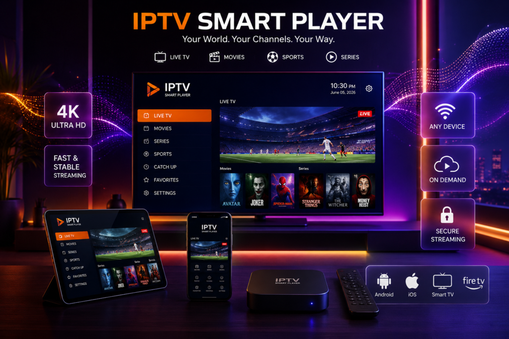 Futuristic IPTV Smart Player banner displayed in a neon purple and orange streaming room with a modern smart TV showing live TV, movies, sports, and series. The scene includes a tablet, smartphone, streaming box, and remote control with glowing digital waves, 4K streaming icons, and a premium high-tech entertainment atmosphere