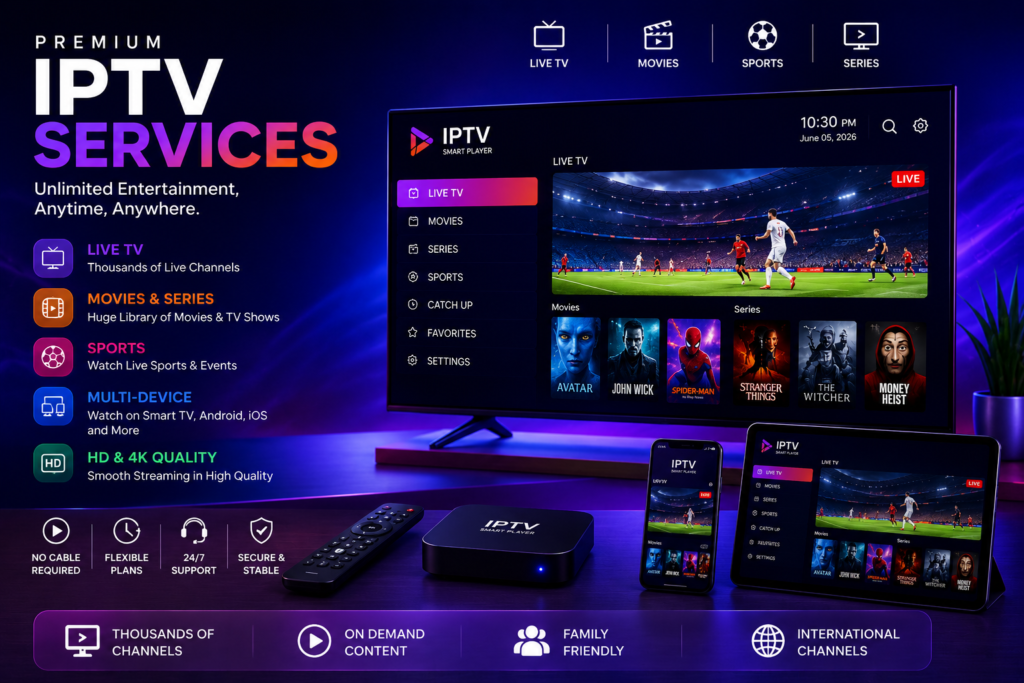Futuristic IPTV services promotional banner featuring a modern smart TV displaying live TV, movies, sports, and series streaming in HD and 4K quality. The scene includes a streaming box, smartphone, tablet, and remote control with neon blue and purple lighting, highlighting multi-device IPTV entertainment and premium digital streaming technology
